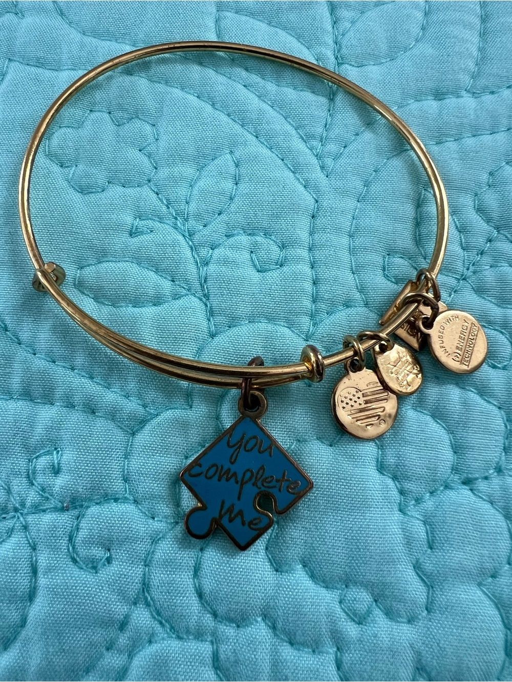 Alex and Ani Gold-tone Bangle with Blue Puzzle Piece Charm